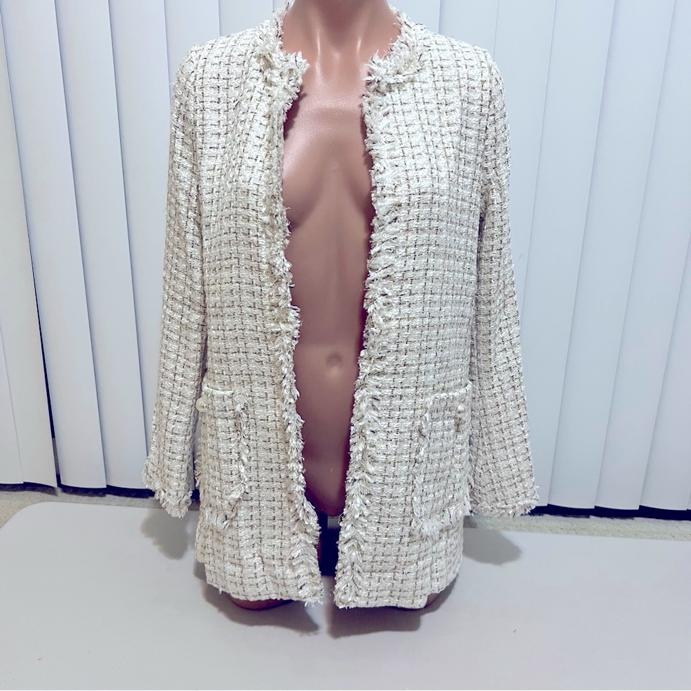 NWT Plaid Raw Edge Frayed Tweed Jacket